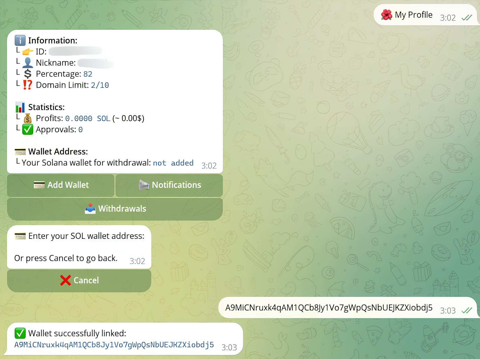 Профиль бота — Percentage: 82, Add Wallet, привязка кошелька