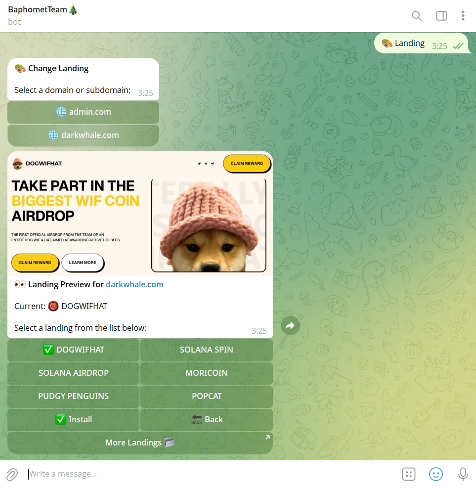 Выбор лендинга в боте — Change Landing, превью DOGWIFHAT, список лендингов
