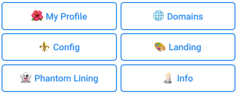 Главное меню Telegram бота — кнопки My Profile, Domains, Config, Landing, Phantom Lining, Info