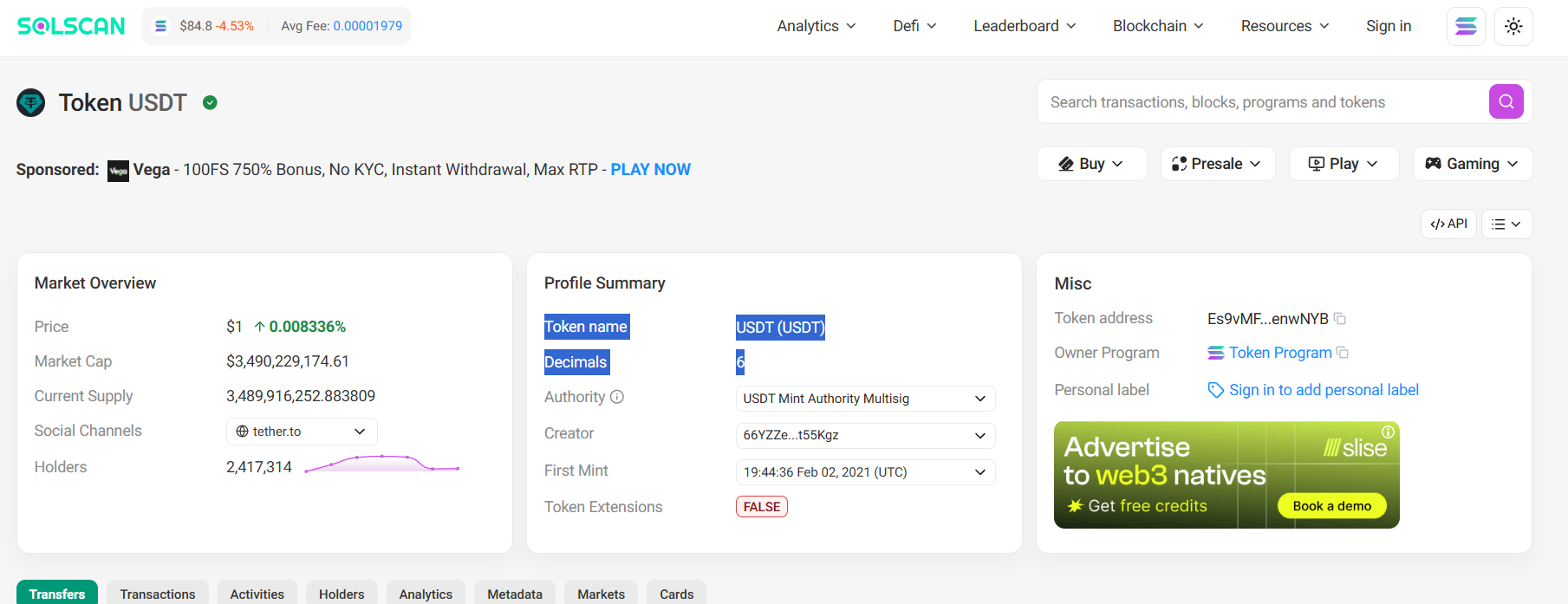 Solscan страница токена USDT — Profile Summary с Decimals и Misc с Token address