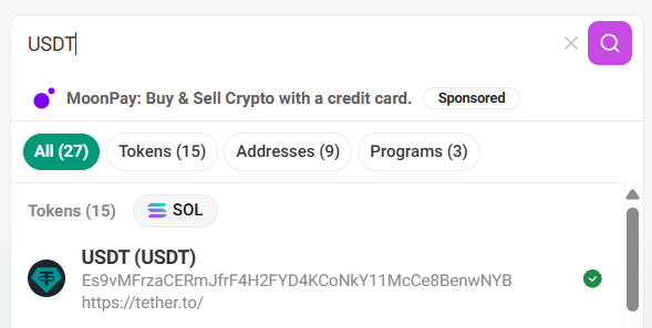 Solscan — поиск токена USDT
